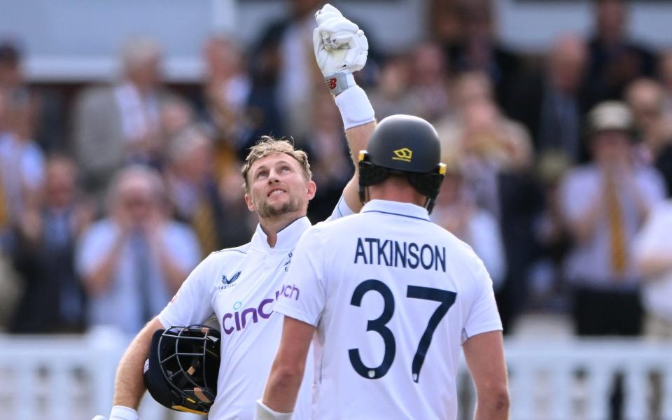 Joe Root points to the sky after reaching his hundred