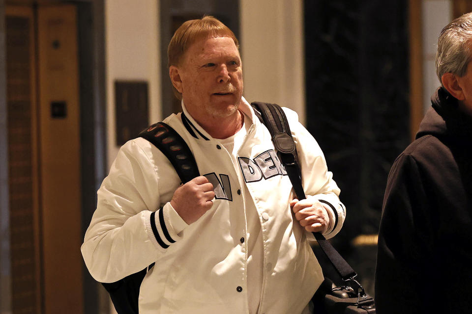 Mark Davis, owner of the Las Vegas Raiders, leaves the NFL owners meeting in New York, Wednesday, Oct. 27, 2021. (AP Photo/Adam Hunger)