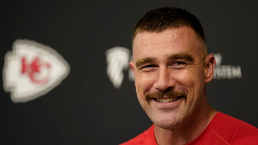 Kansas City Chiefs tight end Travis Kelce talks to the media, Friday, Oct. 6, 2023, at the team's training facility in Kansas City, Mo. (AP Photo/Charlie Riedel)