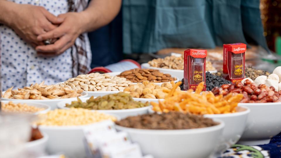 Afghan dried fruits are displayed in a Rozi Food Market booth at a Nowruz celebration on March 18, 2023, at Civic Space Park in Phoenix.
