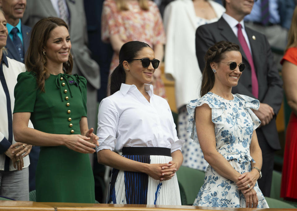 Photo by: KGC-09/STAR MAX/IPx 2019 7/13/19 Catherine, Duchess of Cambridge, Meghan, Duchess of Sussex and Pippa Middleton at the Wimbledon Tennis Championships in London, England.