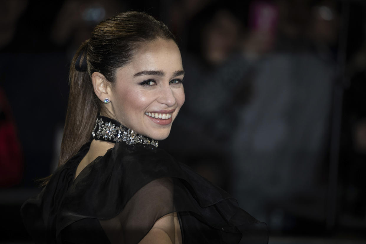 Actress Emilia Clarke poses for photographers upon arrival at the premiere of the film 'Last Christmas' in London, Monday, Nov. 11, 2019. (Photo by Vianney Le Caer/Invision/AP)