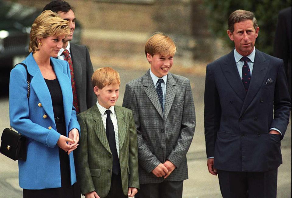 Princess Diana, Prince Harry, Prince William, Prince Charles at Prince William's first day at Eton