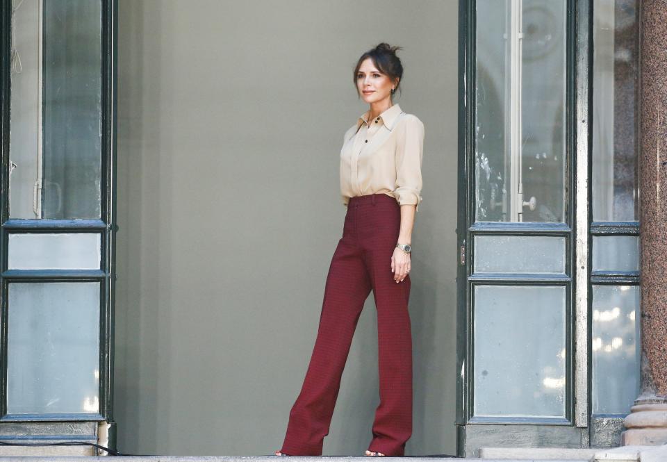 Designer Victoria Beckham following her catwalk show at London Fashion Week in London. (REUTERS)