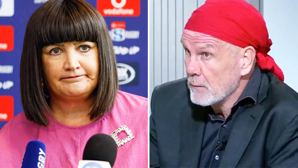 Raelene Castle and Peter FitzSimons, pictured here discussing the Rugby Australia crisis.