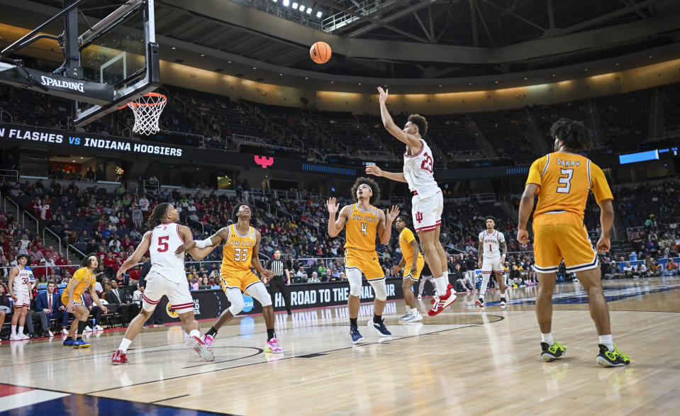 Indiana forward Trayce Jackson-Davis (23) scores against Kent State during the second half of a first-round college basketball game in the NCAA Tournament early Saturday, March 18, 2023, in Albany, N.Y. (AP Photo/Hans Pennink)