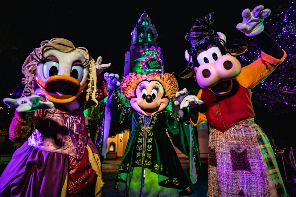 Minnie, Daisy and Clarabelle dressed as the Sanderson sisters from Hocus Pocus. (Photo: Disneyland Resort)