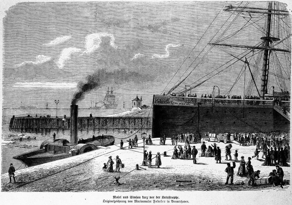 An 1876 illustration of the scene at the dock before the explosion. It is labelled 'Mosel and Simson shortly before the catastrophe. Original drawing by marine painter Carl Justus Fedeler in Bremerhaven.'