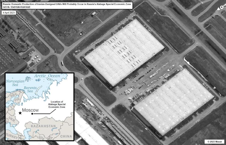 A satellite image the U.S. government released earlier this week showing Russia's Alabuga Special Economic Zone, which American officials believe could eventually host domestic production of Iranian-designed drones. <em>U.S. Government</em>