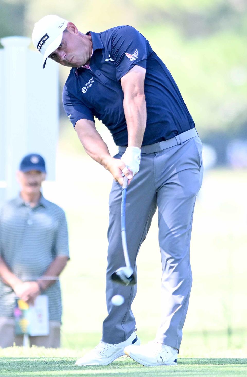 Gary Woodland of Topkea, Kan., hits his drive on the 2nd hole during the third round of the 2024 Sanderson Farms Championship at the Country Club of Jackson on Saturday, Oct. 5, 2024, in Jackson, Miss.