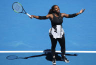 Serena Williams reacts during her quarter-final match against Britain's Johanna Konta. REUTERS/Jason Reed