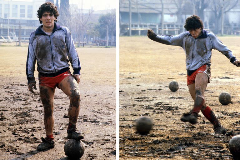Diego Maradona, durante un entrenamiento en Argentinos Juniors, año 1976