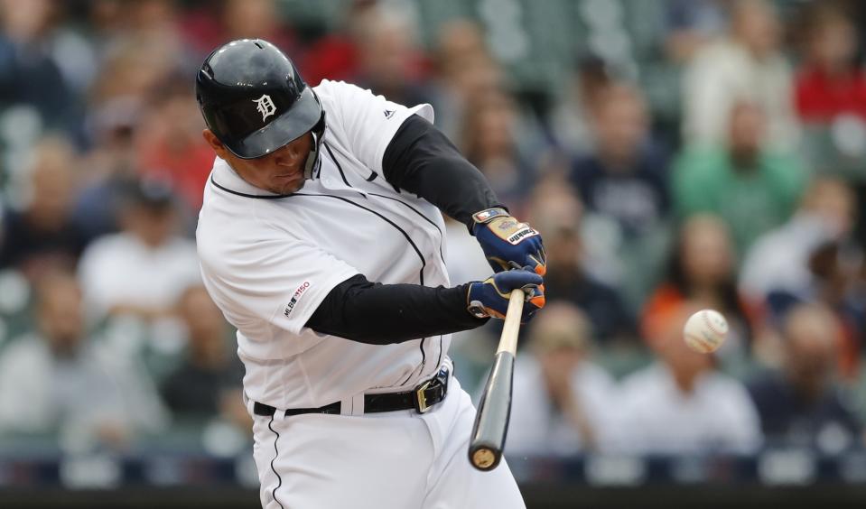Detroit Tigers designated hitter Miguel Cabrera connects for a single during the first inning of the team's baseball game against the Tampa Bay Rays, Tuesday, June 4, 2019, in Detroit. The single tied him at 59th with Tony Perez with 2,732 career hits. (AP Photo/Carlos Osorio)