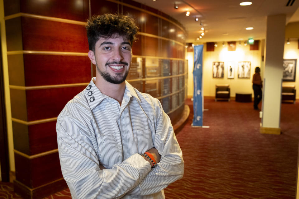 Luke Padia, a Georgia State University student, attends the final night of a class called Legal Life of Rick Ross in Atlanta on Tuesday, Nov. 7, 2023. (AP Photo/Ben Gray)