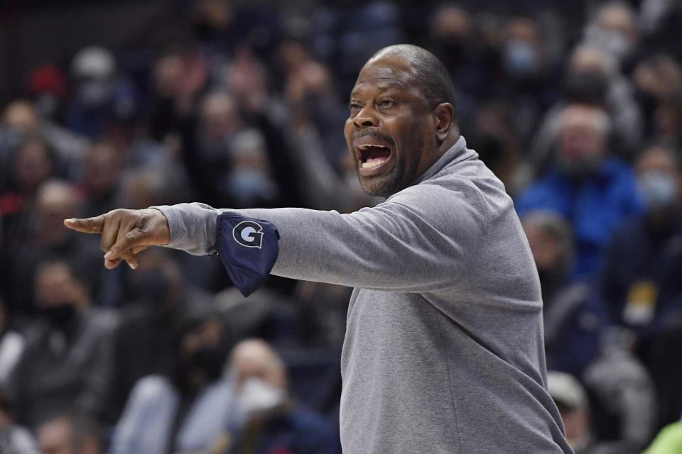 Georgetown head coach Patrick Ewing reacts in the first half of an NCAA college basketball game against Connecticut, Tuesday, Jan. 25, 2022, in Storrs, Conn. (AP Photo/Jessica Hill)