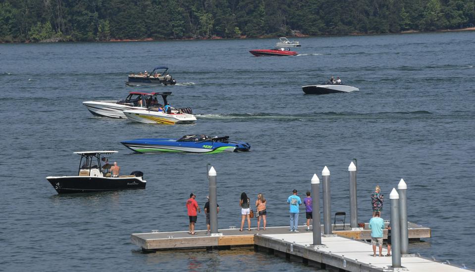 Some of the 150 participating boats wait to launch from Green Pond Landing, across from Portman Marina on Lake Hartwell in June 2023. 