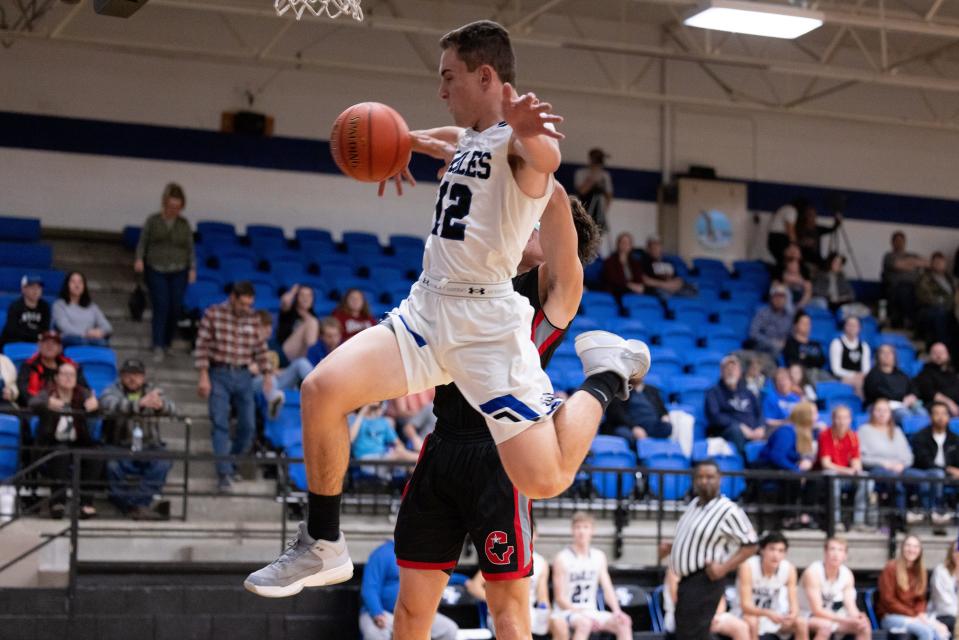 Sanford Fritch’s Danner Price (12) blocking a shot during a district game Tuesday January 18th, Gruver at Sanford Fritch in Fritch, TX. Trevor Fleeman/For Amarillo Globe-News.