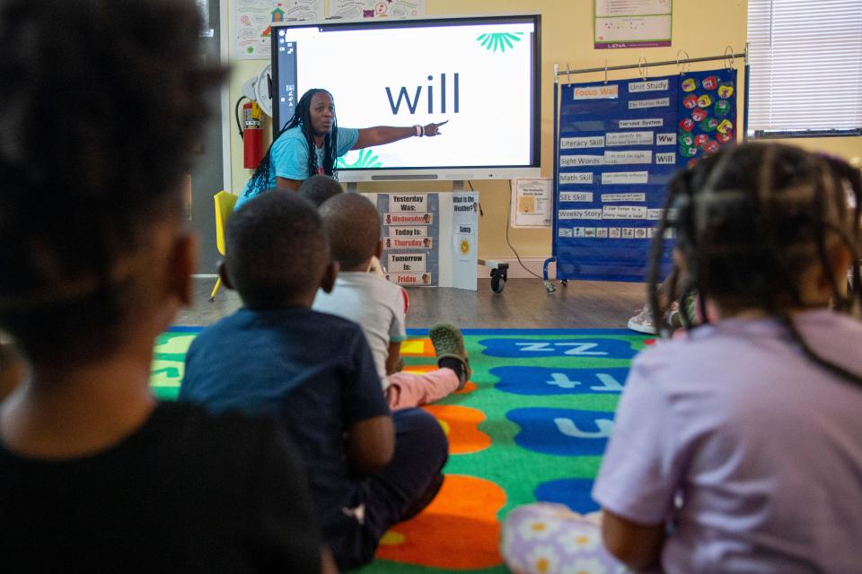 Tonya Harris, one of the teachers in the program, teaches students about the letter “W” using the word “will” during the Equity to Prosperity program in Memphis, Tenn., on Thursday, September 7, 2023.