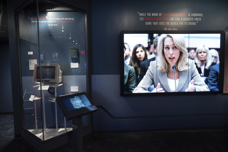 A display showing a photo of Valerie Plame is seen at Central Intelligence Agency's newly refurbished museum in the headquarters building in Langley, Va. on Saturday, Sept. 24, 2022. (AP Photo/Kevin Wolf)