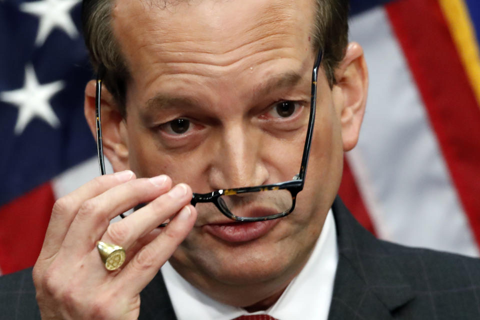 Labor Secretary Alex Acosta speaks during a news conference at the Department of Labor, Wednesday, July 10, 2019, in Washington. (AP Photo/Alex Brandon)