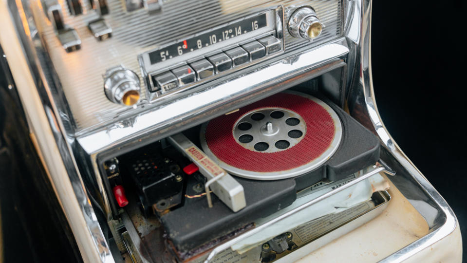 The interior of the 1957 Chrysler Ghia Super Dart 400 concept car features Chrysler’s Highway Hi-Fi record player.