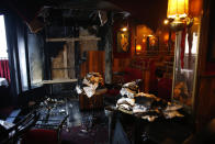 Inside view of the burned out remains of the restaurant La Rotonde, in Paris, Saturday, jan.18, 2020. The Paris prosecutor's office says it has opened an investigation to determine the causes of the Rotonde fire. (AP Photo/Thibault Camus)