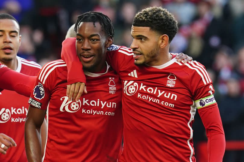 Nottingham Forest's Anthony Elanga celebtayes scoring the opening goal with Morgan Gibbs-White	 (right) during the Premier League match at the City Ground, Nottingham.