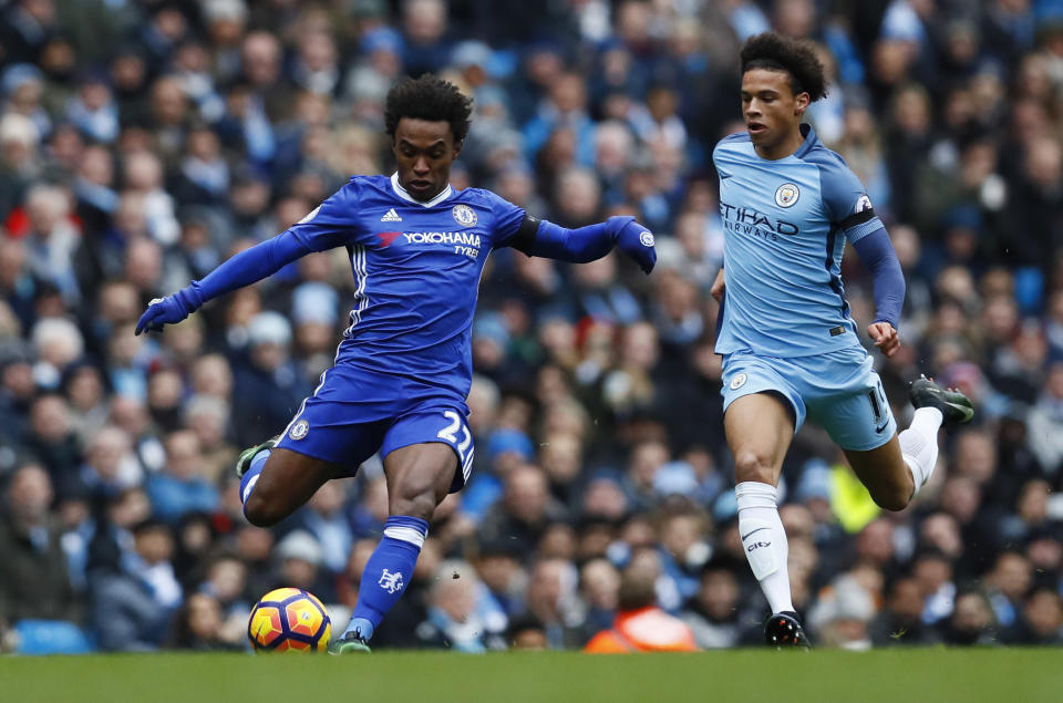 Britain Football Soccer - Manchester City v Chelsea - Premier League - Etihad Stadium - 3/12/16 Manchester City's Leroy Sane in action with Chelsea's Willian Action Images via Reuters / Jason Cairnduff Livepic EDITORIAL USE ONLY. No use with unauthorized audio, video, data, fixture lists, club/league logos or "live" services. Online in-match use limited to 45 images, no video emulation. No use in betting, games or single club/league/player publications. Please contact your account representative for further details.