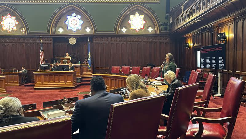 State Sen. Mae Flexer, D-Windham, speaks at the Connecticut State Capitol on Tuesday, Sept. 26, 2023, in Hartford, Conn., about a bill authorizing an election monitor in Bridgeport. It comes amid concerns of possible absentee ballot fraud in the city’s Sept. 12, 2023, mayoral primary.