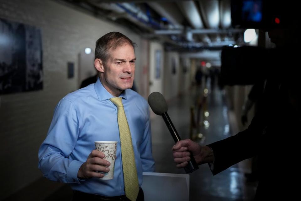 Chairman of the House Judiciary Committee Rep. Jim Jordan, R-Ohio, speaks to reporters on his way to a closed-door GOP caucus meeting at the U.S. Capitol Jan. in Washington.