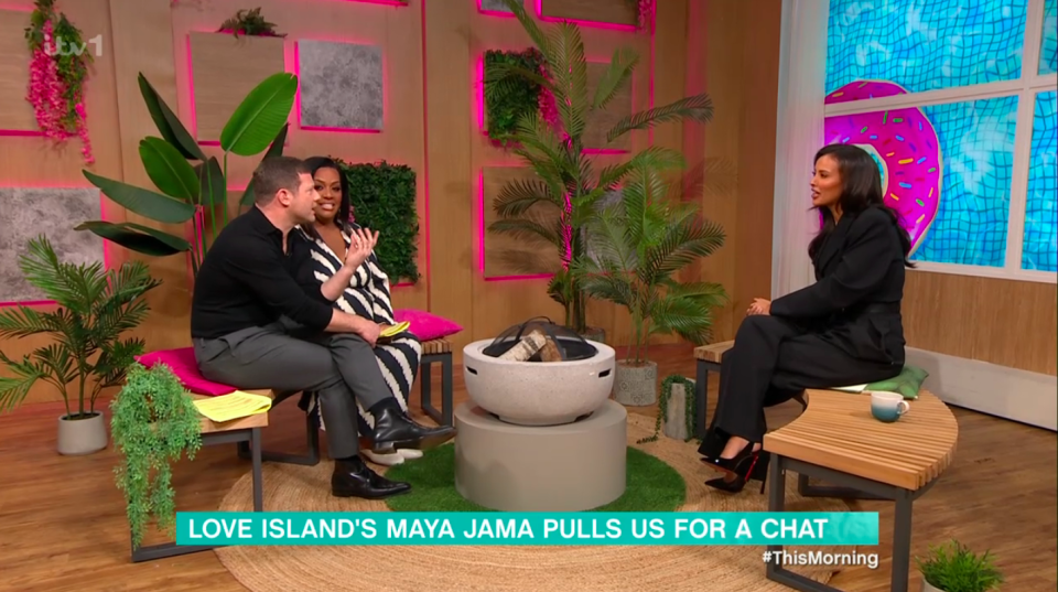 Maya Jama appeared on This Morning in January 2024 with hosts Dermot O'Leary and Alison Hammond. (ITV)