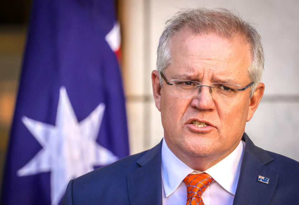 Australian Prime Minister Scott Morrison speaks during a media conference at Parliament House.