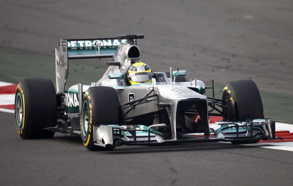 Mercedes Formula One driver Nico Rosberg of Germany drives during the qualifying session of the Indian F1 Grand Prix at the Buddh International Circuit in Greater Noida, on the outskirts of New Delhi, October 26, 2013. REUTERS/Anindito Mukherjee (INDIA - Tags: SPORT MOTORSPORT F1)