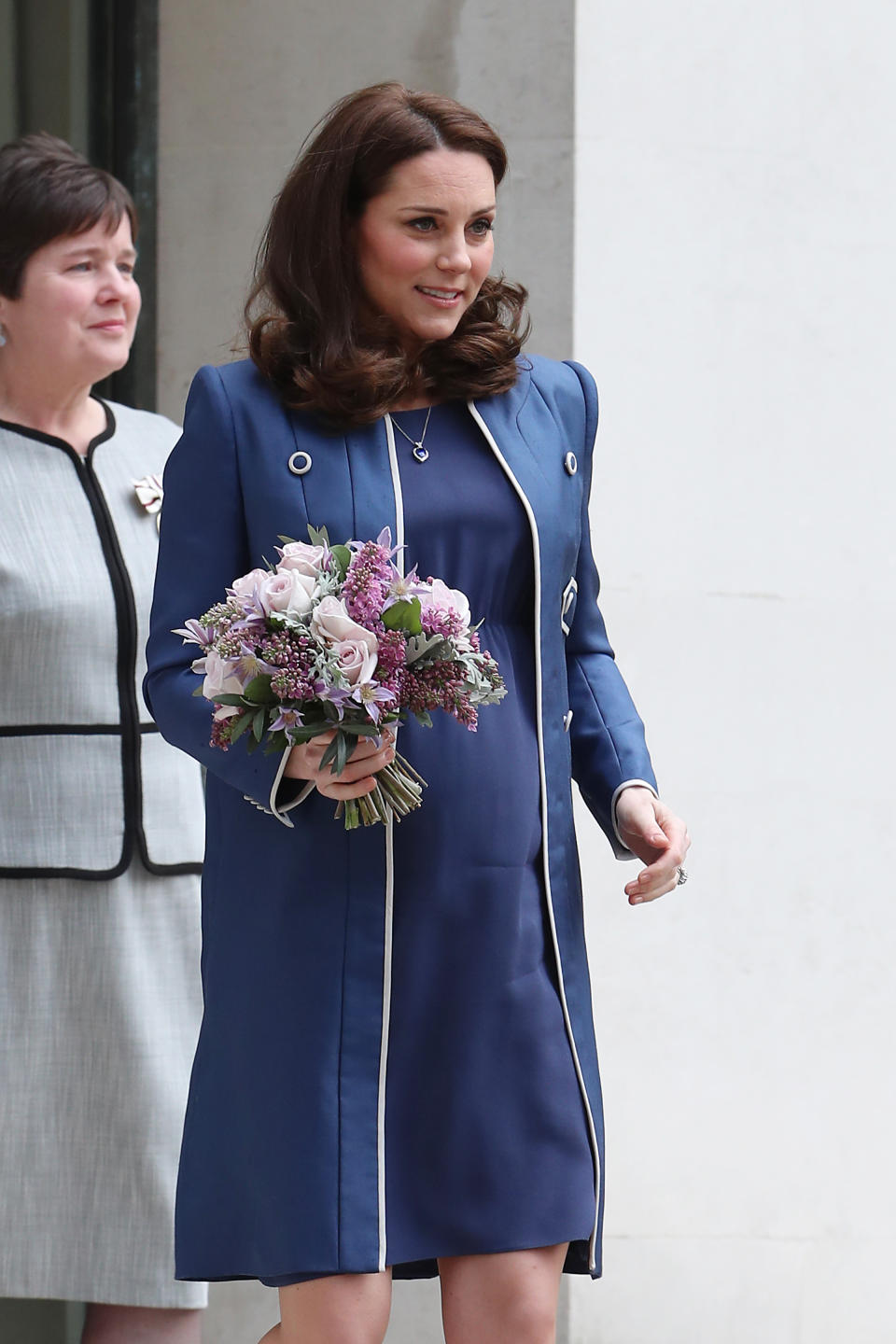 The royal looked effortlessly stylish in a Jenny Packham collar-less coat. (Photo: Getty)