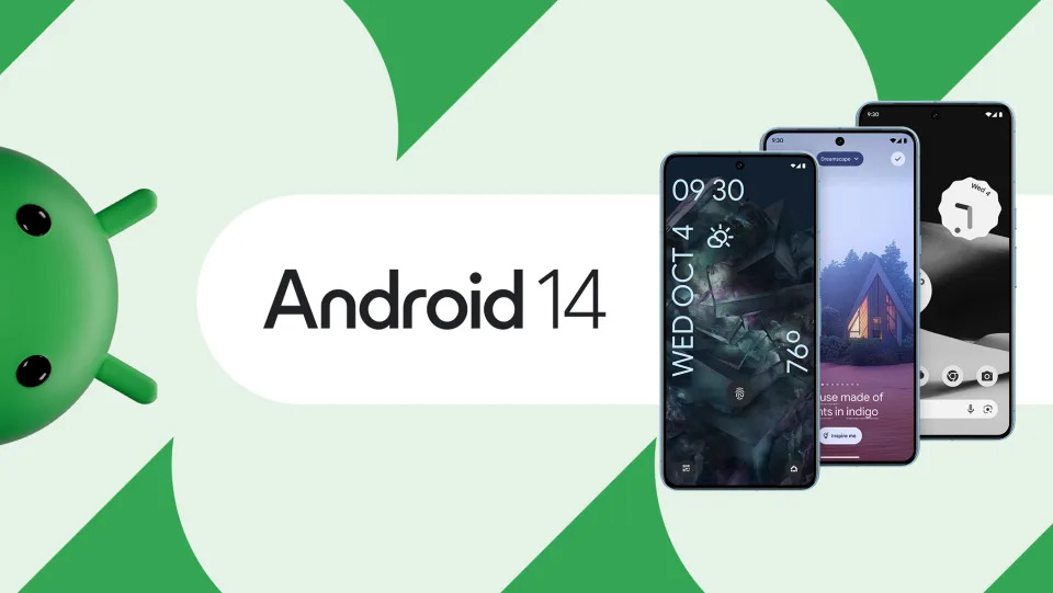 Android 14 illustration, featuring the Android ascot and screenshots showing various lock screen and wallpaper options in the operating system.