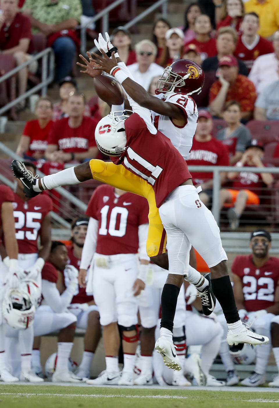 Stanford cornerback Paulson Adebo (11) breaks up a pass for Southern California wide receiver Tyler Vaughns (21) during the first half of an NCAA college football game, Saturday, Sept. 8, 2018, in Stanford, Calif. (AP Photo/Tony Avelar)