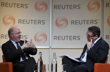 Philip Lane, Governor of the Central Bank of Ireland (L), speaks to Reuters Editor in Charge Axel Threlfall during a Reuters Newsmaker event in London, Britain October 28, 2016. REUTERS/Toby Melville
