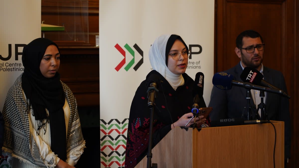 British Palestinians who have had family killed by Israeli airstrikes held a press conference in London today  (International Centre of Justice for Palestinians)