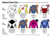 Graphic shows horses in the Belmont Stakes with post positions and silks; with related stories; 3c x 1/2 inches