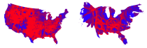 The maps use a color scale of red for 70% Republican and blue for 70% Democratic, but to some extent it obscures the true balance of red and blue.
