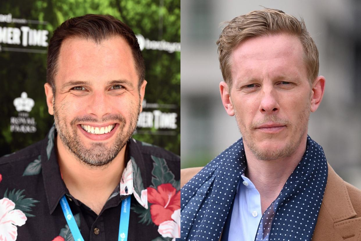 Dan Wootton in a Hawaiian-style shirt and Laurence Fox in a tan coat and navy blue scarf.