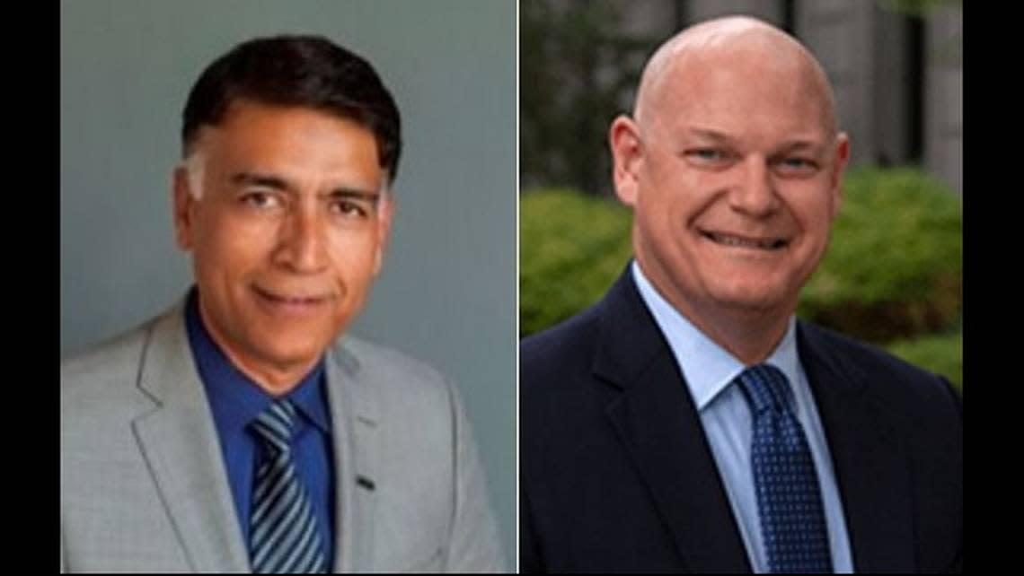 Ian Choudri, left, senior vice president for transportation engineering firm HNTB Corporation, has been appointed as the new CEO of the California High-Speed Rail Authority to succeed retiring CEO Brian Kelly, right. The agency announced the appointment on Aug. 8, 2024.