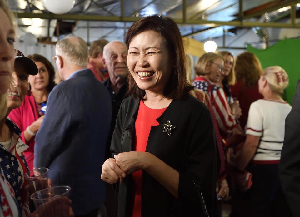 FILE - In this Tuesday, June 5, 2018, file photo Orange County Supervisor Michelle Steel smiles as she visits Rep. Dana Rohrabacher's election night party in Costa Mesa, Calif. Republican Steel, who heads the Orange County Board of Supervisors, has seized on the fight over affirmative action and the new labor law known as AB5 in her bid to oust first-term Democratic Rep. Harley Rouda. (Jeff Gritchen/The Orange County Register via AP, File)