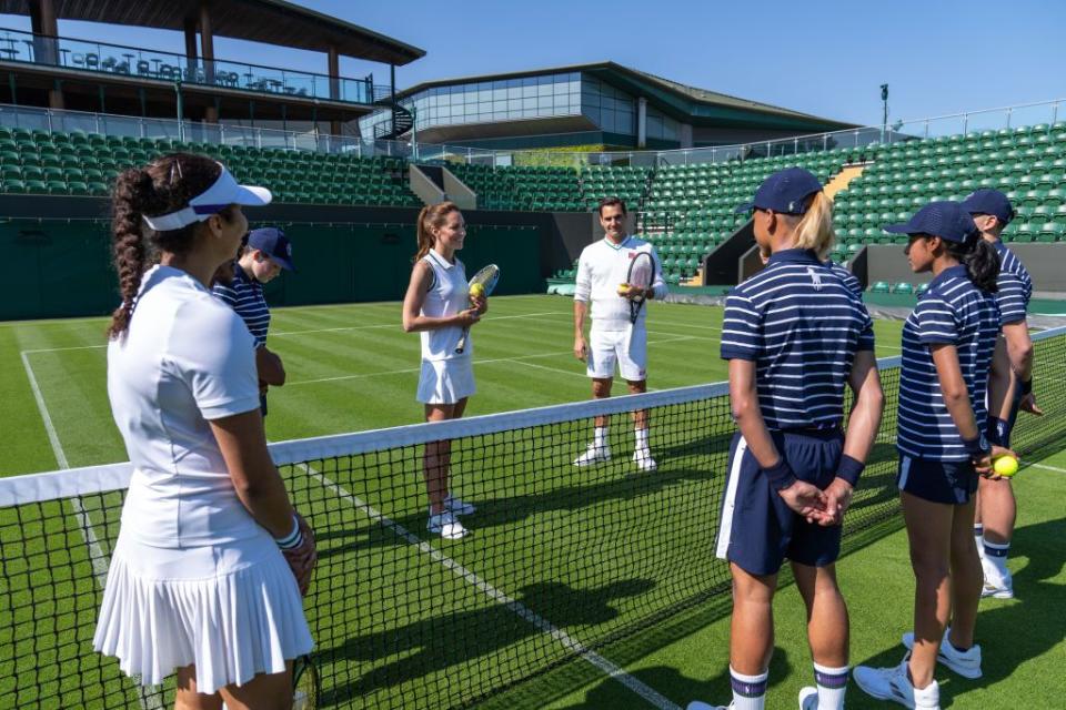 the princess of wales and roger federer celebrate wimbledon's ball girls and boys