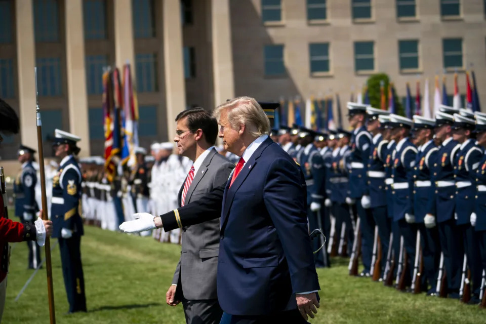 President Donald Trump with Defense Secretary Mark Esper during a full honors welcoming ceremony for Esper at the Pentagon in Arlington, Va., on Thursday, July 25, 2019. (Doug Mills/The New York Times)