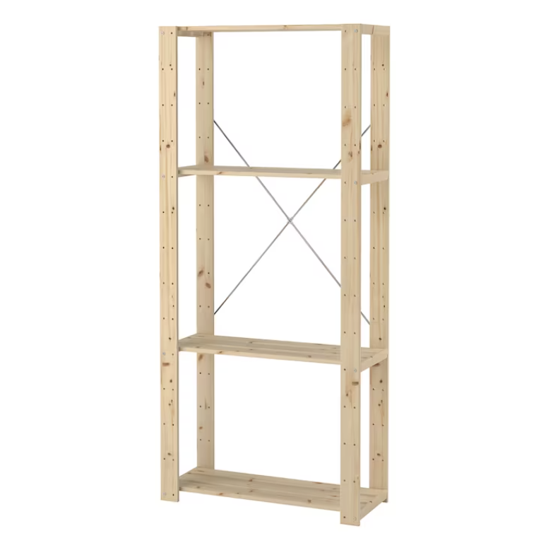 Tall light wood shelving with crossbar