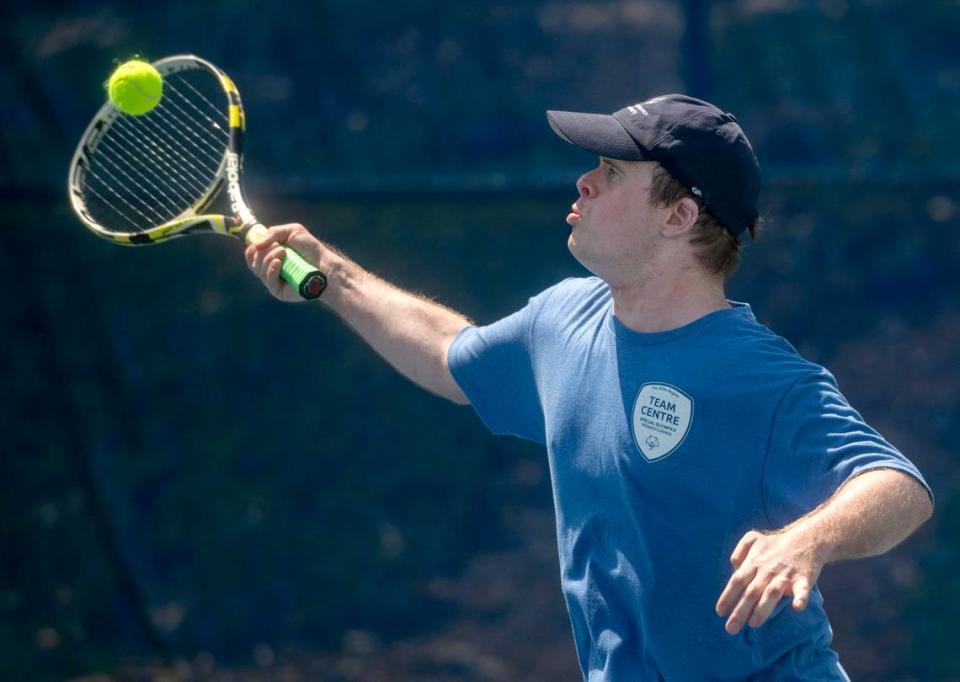 Gareth Roof practices tennis with fellow Centre County teammates during the Special Olympics Summer Games at Penn State on Thursday, Jun 6, 2024.