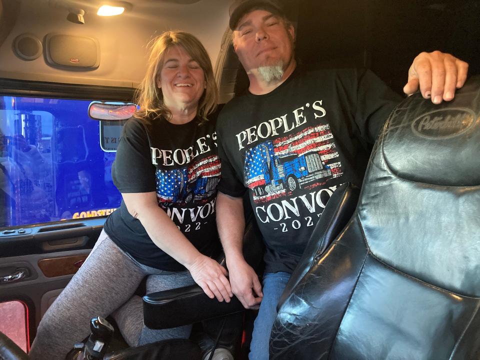 Duane and Jennifer Wahrman of Kansas joined The People's Convoy in Missouri. The Wahrmans are supporting the convoy because their son may receive a dishonorable discharge from the military for refusing the COVID-19 vaccine.