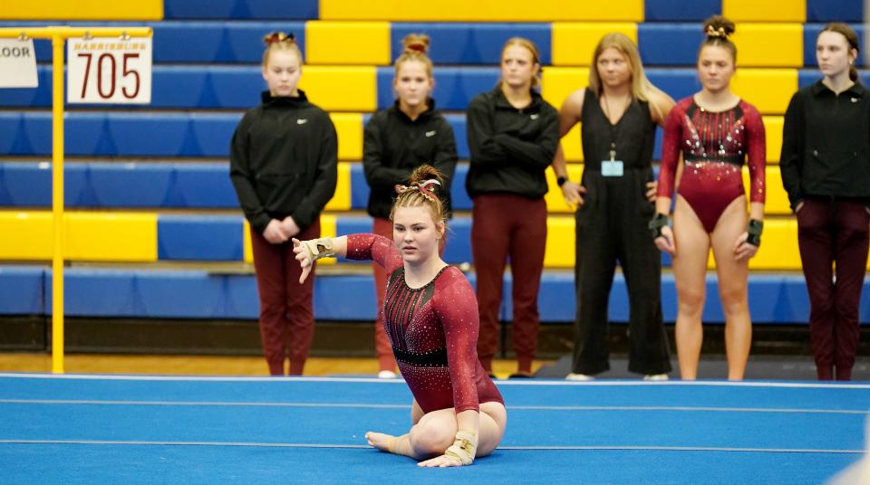 Harrisburg's Katelyn Maeschen gets ready for her floor-exercise routine during the 2023 South Dakota State High School Gymnastics Championships on Friday, Feb. 10, 2023 at Aberdeen Central High School.