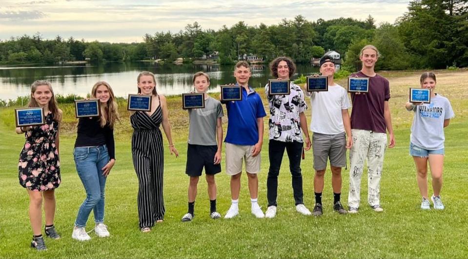 The Narragansett Regional boys & girls outdoor track teams held their annual awards banquet on Wednesday, June 15 at the PACC in Gardner. Among the award winners were (left to right): Kylie Marion, Ruby Keating, Lauren Coutu, Quinn Wiedle, Chase Gould, Bearett Henderson, Zak Ramos, Eli Kosewski, and Kylee-Ann McCallister. Missing from the photo were Betty-Jo Caisse and Kayla Desrosiers.